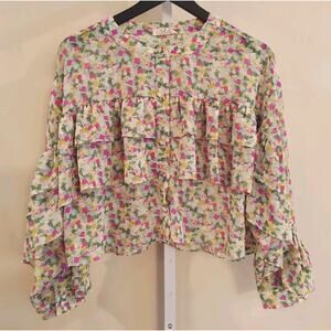 ee:some Top Abstract Print Ruffle Tiered Maximalist Femenine Boxy‎ Button Up